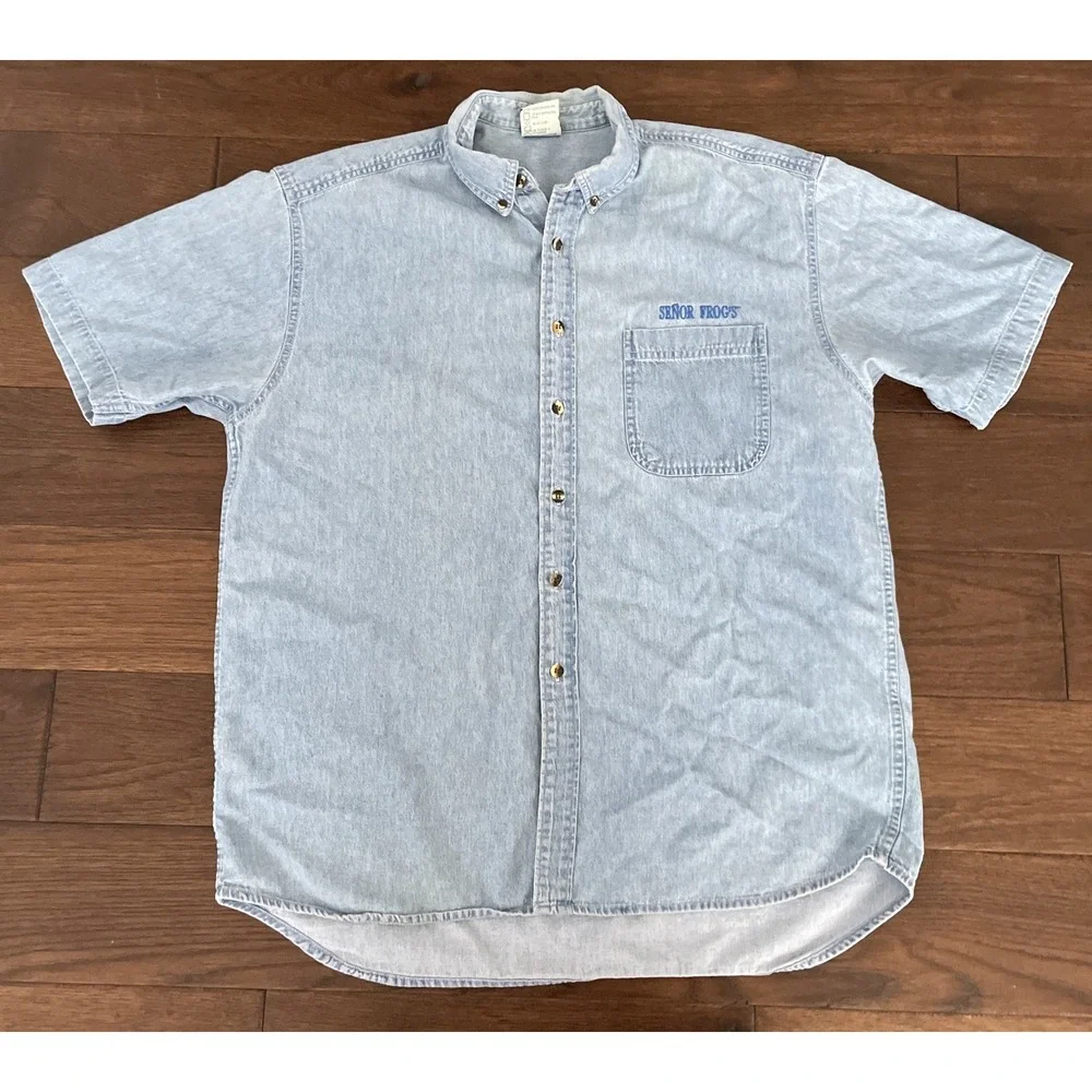 Official‎ Wear Mens Shirt Denim Blue Senor Frogs Mazatlan Mexico L